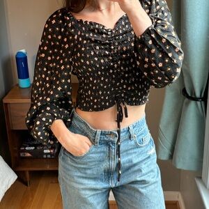 Topshop Retro Floral Print Ruched Top in Black